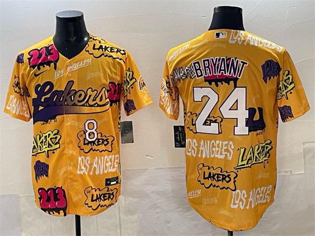 Men's Yellow Los Angeles Lakers Front #8 Back #24 Kobe Bryant Limited Stitched Baseball Jersey